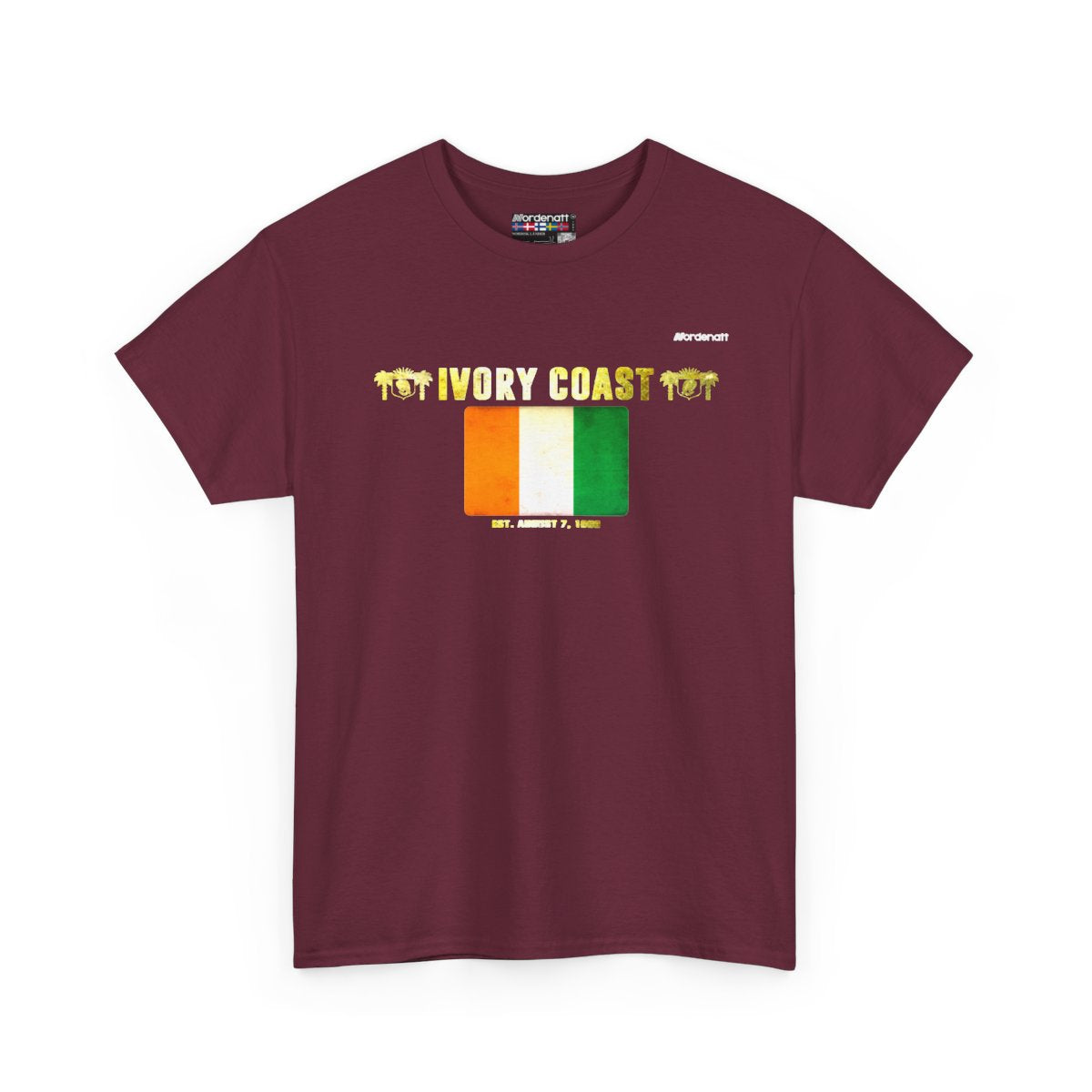 Ivory Coast flag t-shirt in Maroon — premium cotton, Nordenatt
