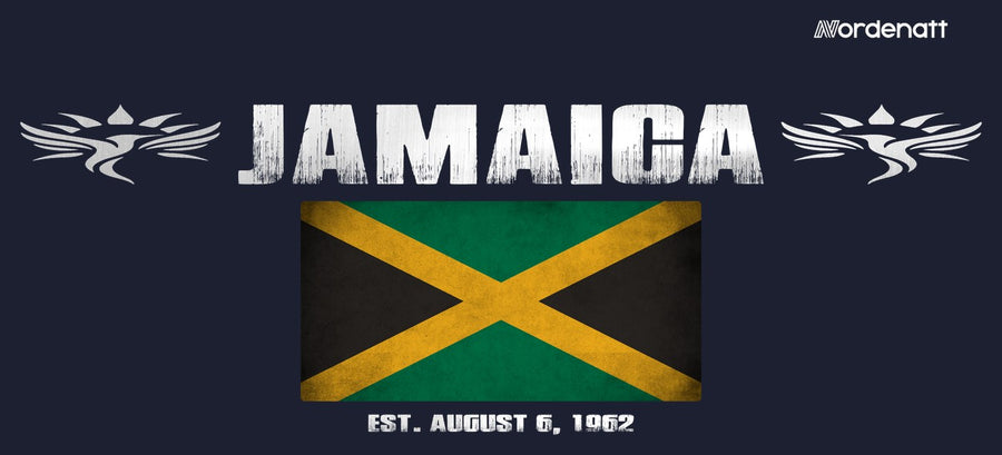 Jamaica design preview: flag, date and emblem inspiration printed on dark t-shirts (Nordenatt)