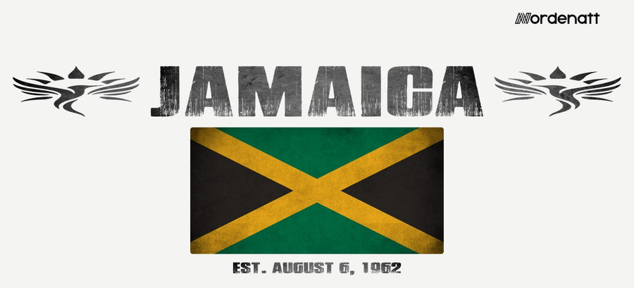 Jamaica design preview: flag, date and emblem inspiration printed on light t-shirts (Nordenatt)