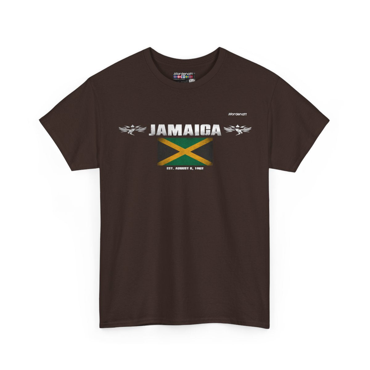Jamaica flag t-shirt in Dark Chocolate — premium cotton, Nordenatt