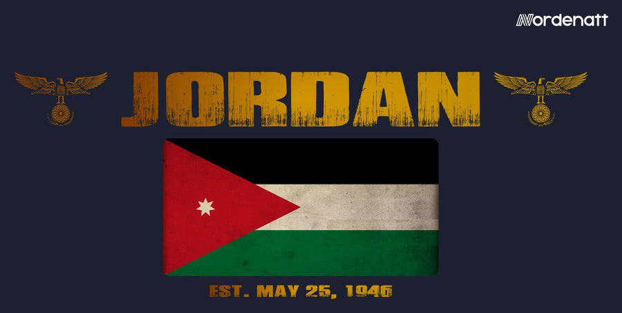Jordan design preview: flag, date and emblem inspiration printed on dark t-shirts (Nordenatt)