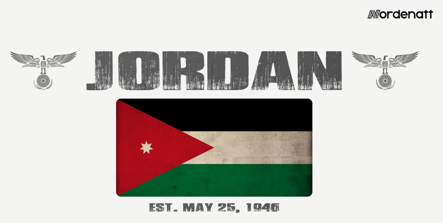 Jordan design preview: flag, date and emblem inspiration printed on light t-shirts (Nordenatt)