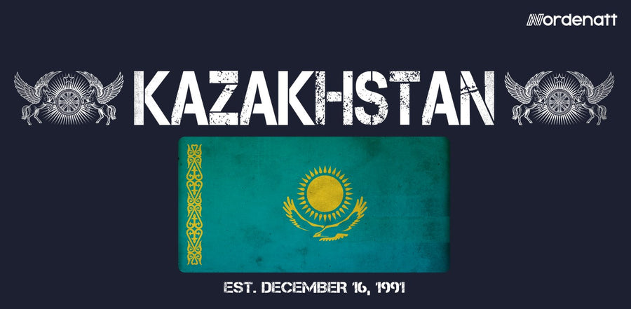 Kazakhstan design preview: flag, date and emblem inspiration printed on dark t-shirts (Nordenatt)