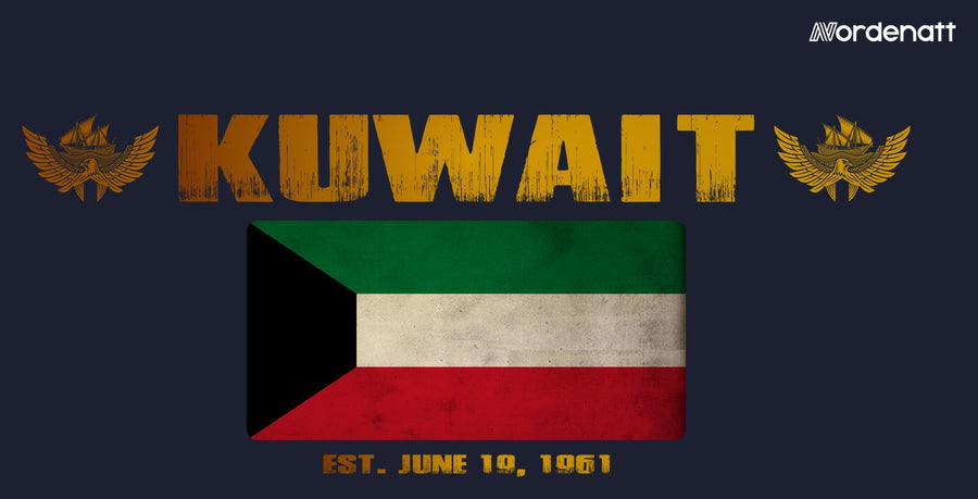 Kuwait design preview: flag, date and emblem inspiration printed on dark t-shirts (Nordenatt)