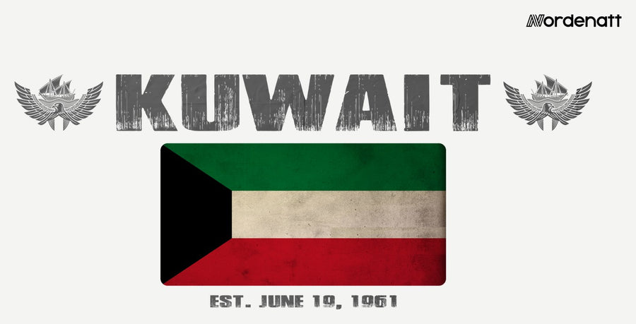 Kuwait design preview: flag, date and emblem inspiration printed on light t-shirts (Nordenatt)