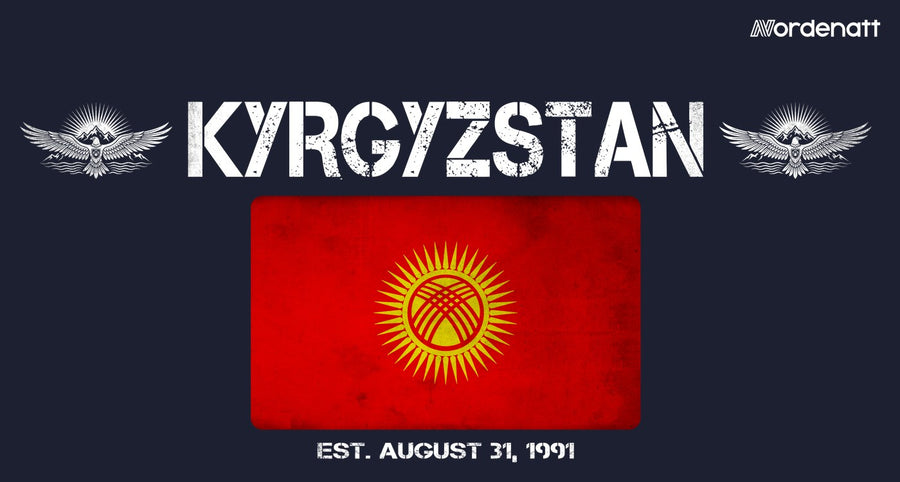 Kyrgyzstan design preview: flag, date and emblem inspiration printed on dark t-shirts (Nordenatt)