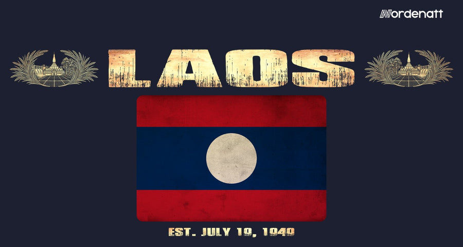 Laos design preview: flag, date and emblem inspiration printed on dark t-shirts (Nordenatt)