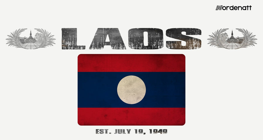 Laos design preview: flag, date and emblem inspiration printed on light t-shirts (Nordenatt)
