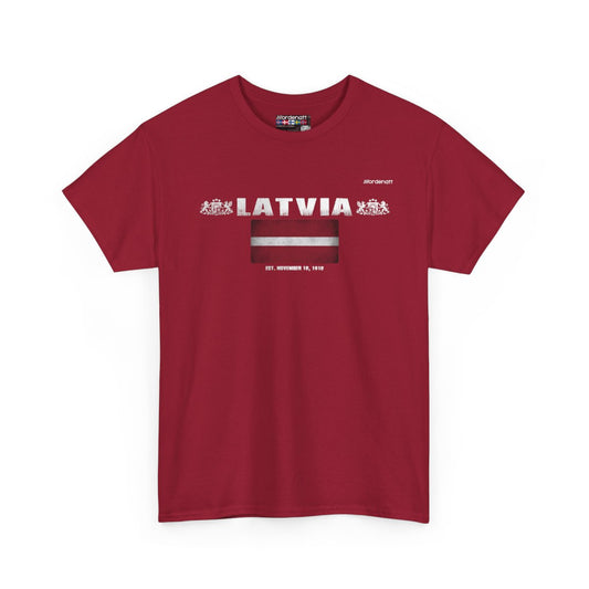 Latvia flag t-shirt in Cardinal Red — premium cotton, Nordenatt