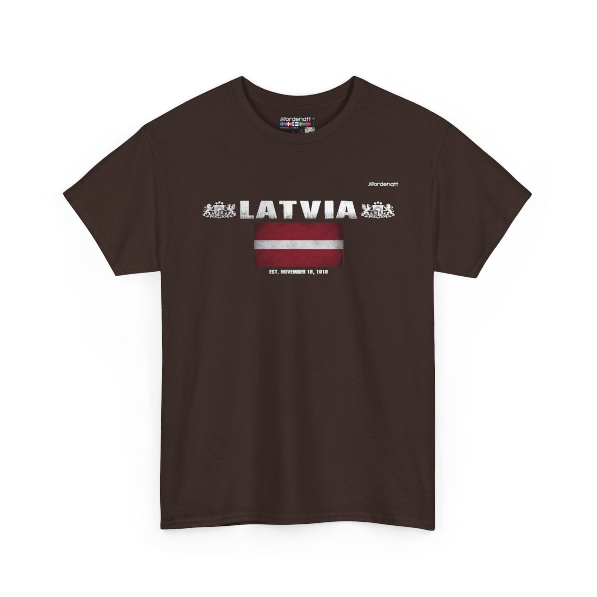 Latvia flag t-shirt in Dark Chocolate — premium cotton, Nordenatt