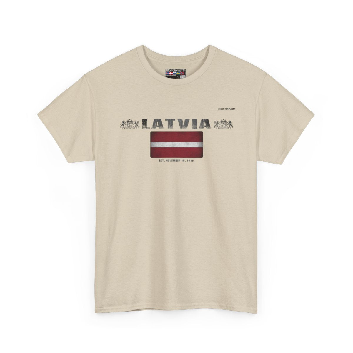 Latvia flag t-shirt in Sand — premium cotton, Nordenatt