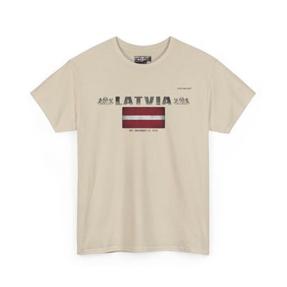 Latvia flag t-shirt in Sand — premium cotton, Nordenatt