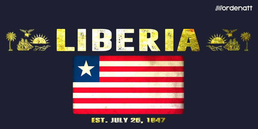 Liberia design preview: flag, date and emblem inspiration printed on dark t-shirts (Nordenatt)
