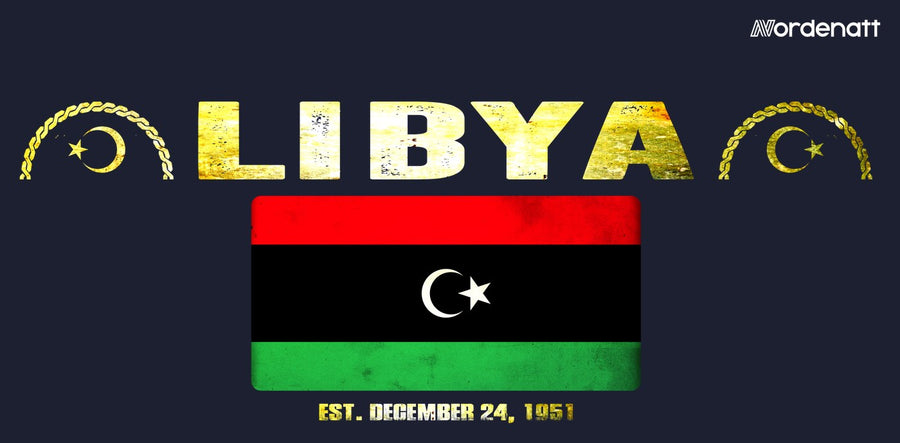 Libya design preview: flag, date and emblem inspiration printed on dark t-shirts (Nordenatt)