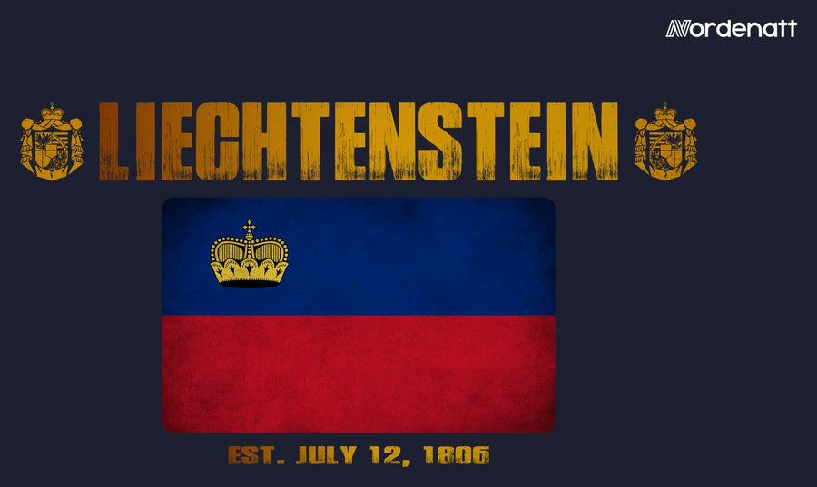 Liechtenstein design preview: flag, date and emblem inspiration printed on dark t-shirts (Nordenatt)