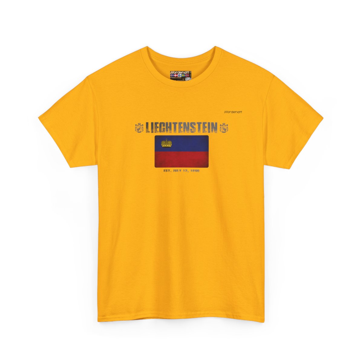 Liechtenstein flag t-shirt in Gold — premium cotton, Nordenatt