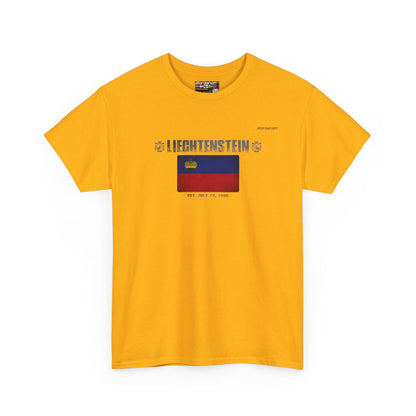 Liechtenstein flag t-shirt in Gold — premium cotton, Nordenatt