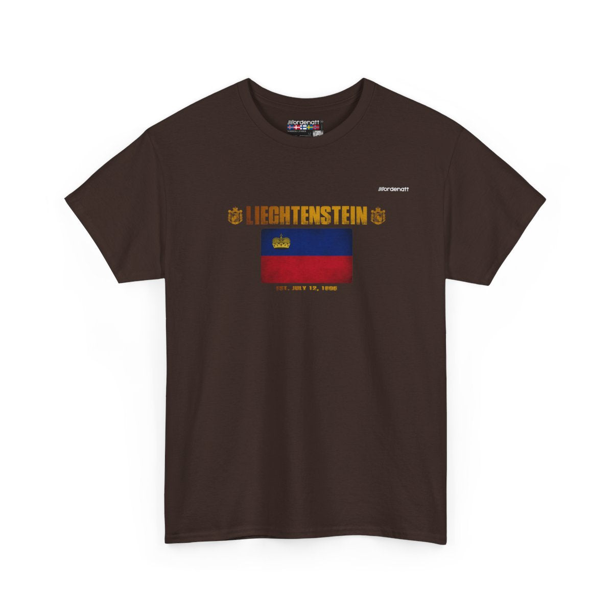 Liechtenstein flag t-shirt in Dark Chocolate — premium cotton, Nordenatt