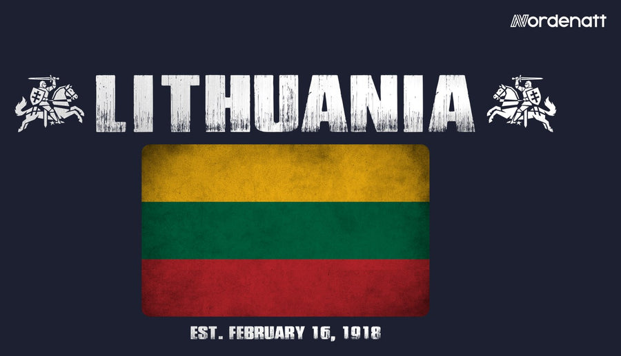 Lithuania design preview: flag, date and emblem inspiration printed on dark t-shirts (Nordenatt)