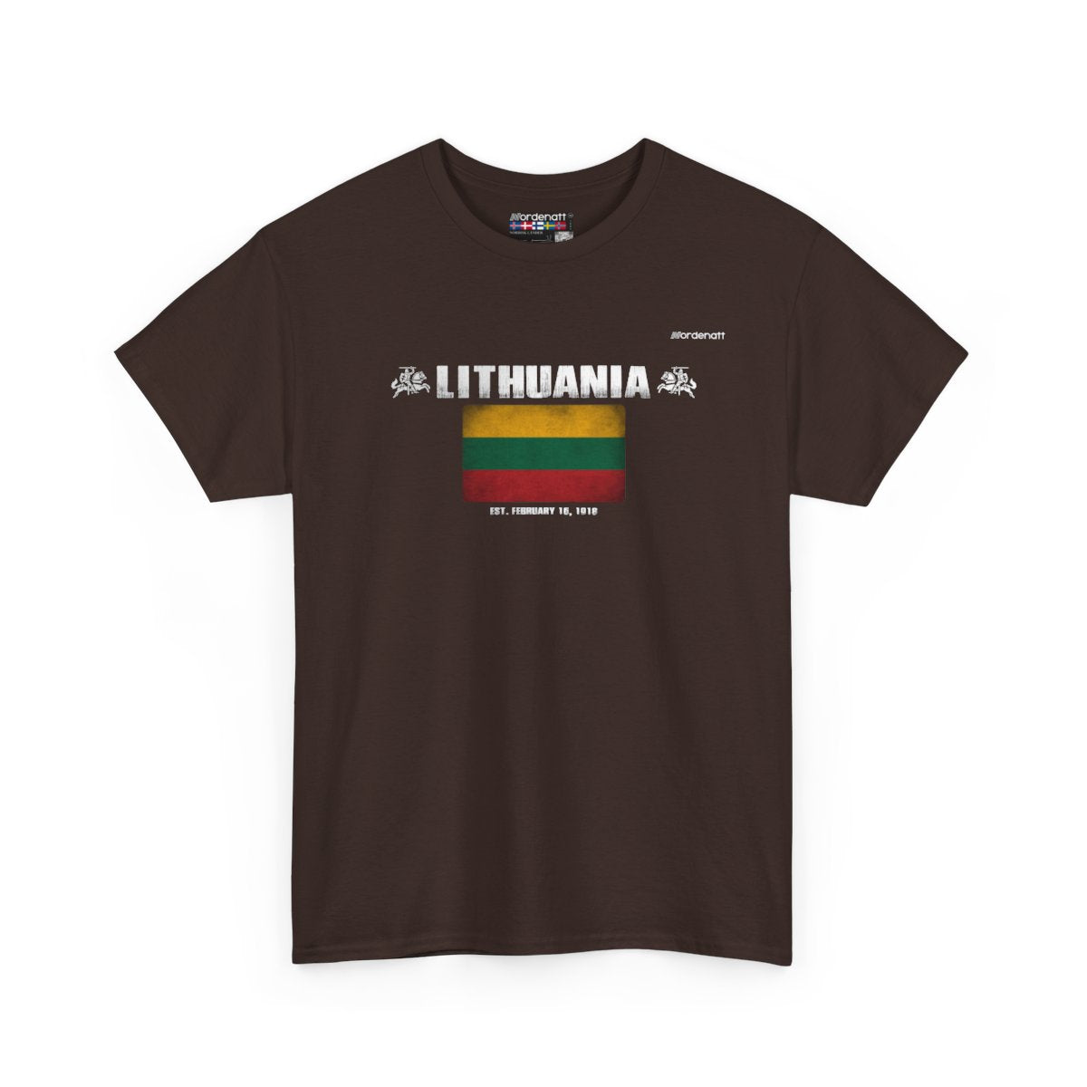 Lithuania flag t-shirt in Dark Chocolate — premium cotton, Nordenatt