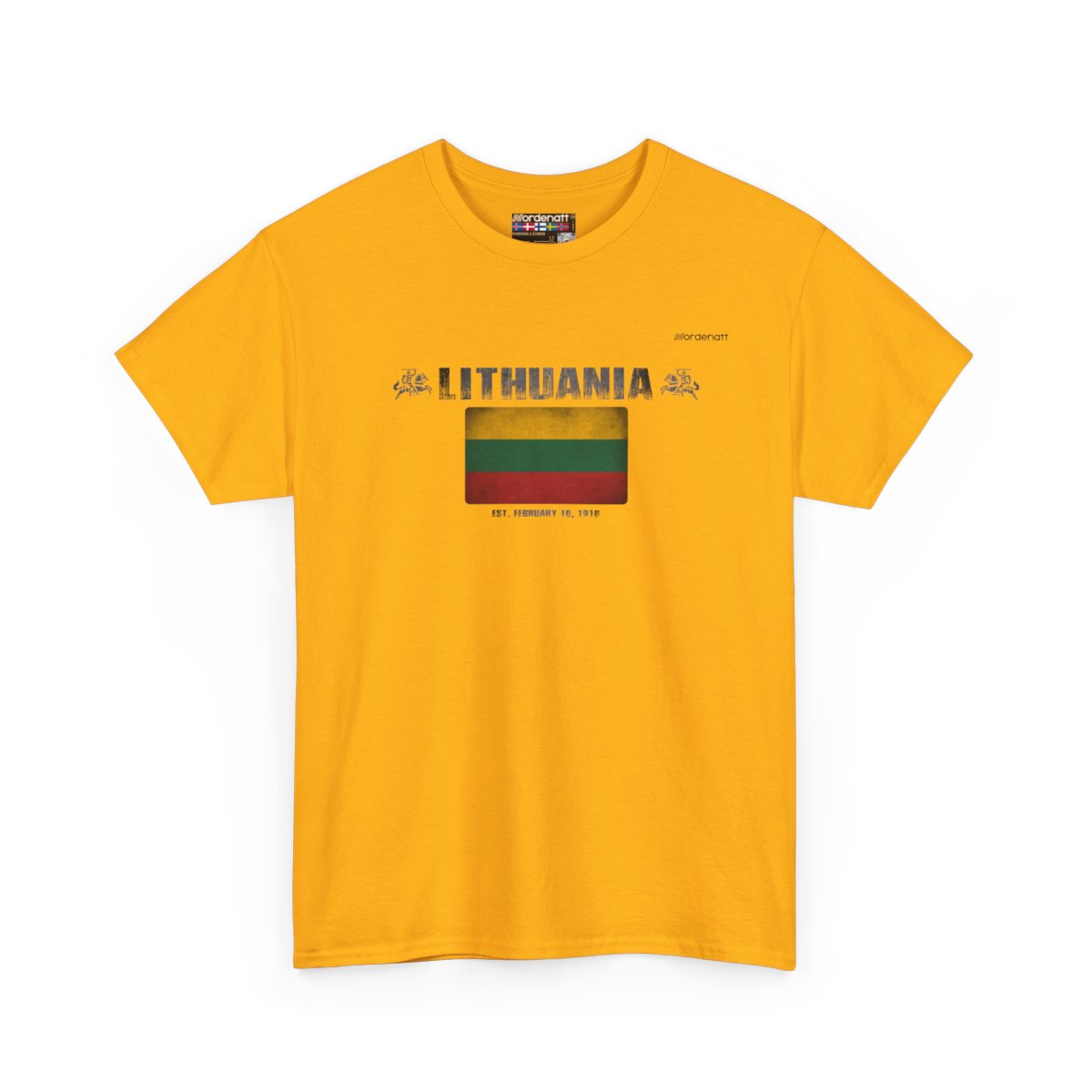Lithuania flag t-shirt in Gold — premium cotton, Nordenatt