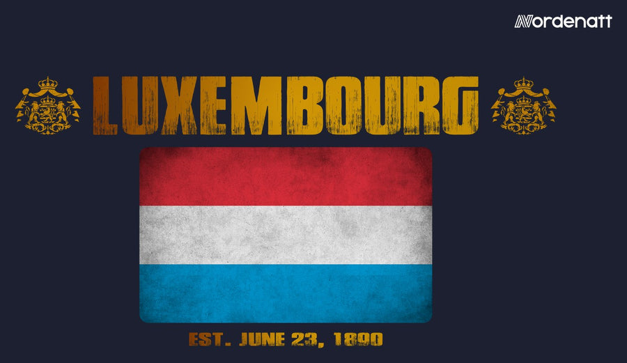 Luxembourg design preview: flag, date and emblem inspiration printed on dark t-shirts (Nordenatt)