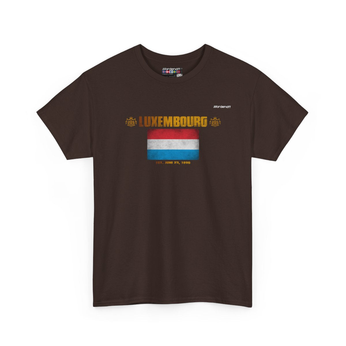 Luxembourg flag t-shirt in Dark Chocolate — premium cotton, Nordenatt