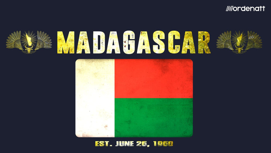 Madagascar design preview: flag, date and emblem inspiration printed on dark t-shirts (Nordenatt)