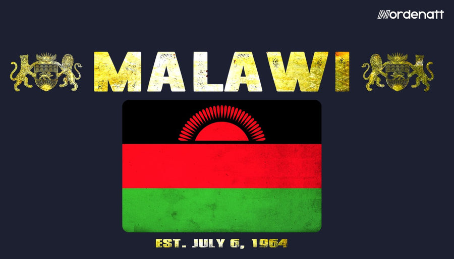 Malawi design preview: flag, date and emblem inspiration printed on dark t-shirts (Nordenatt)