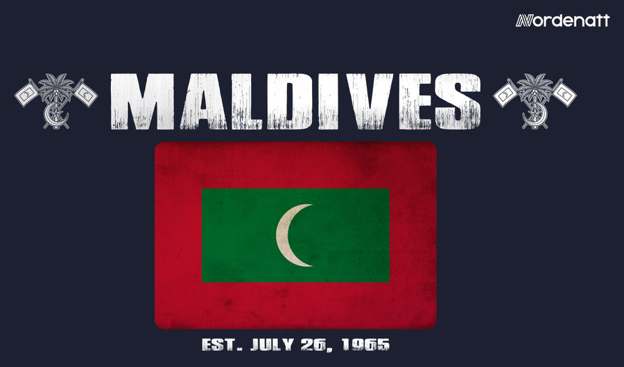 Maldives design preview: flag, date and emblem inspiration printed on dark t-shirts (Nordenatt)