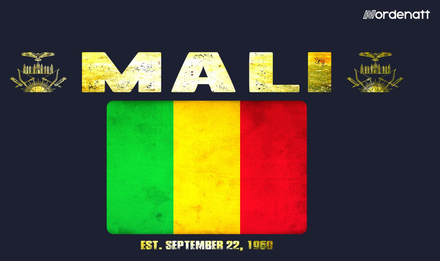 Mali design preview: flag, date and emblem inspiration printed on dark t-shirts (Nordenatt)