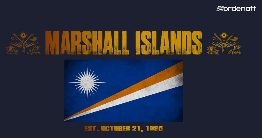 Marshall Islands design preview: flag, date and emblem inspiration printed on dark t-shirts (Nordenatt)