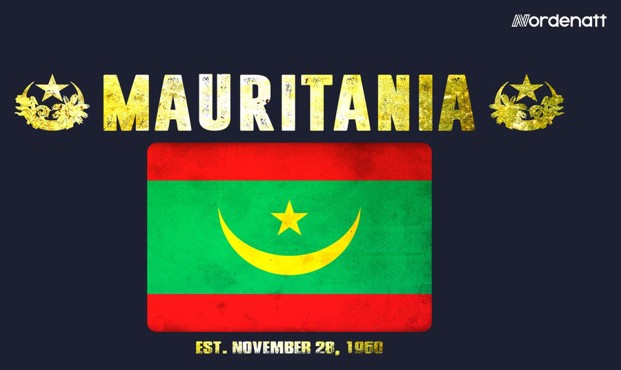 Mauritania design preview: flag, date and emblem inspiration printed on dark t-shirts (Nordenatt)