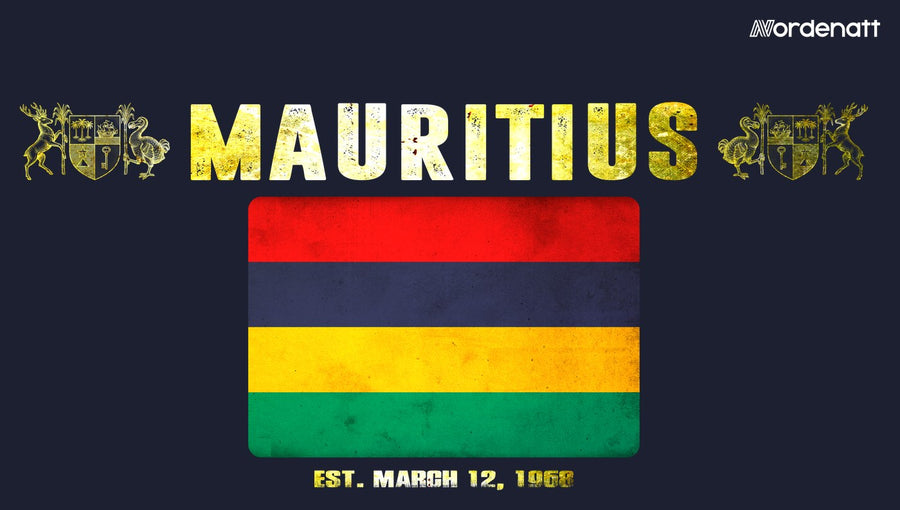 Mauritius design preview: flag, date and emblem inspiration printed on dark t-shirts (Nordenatt)