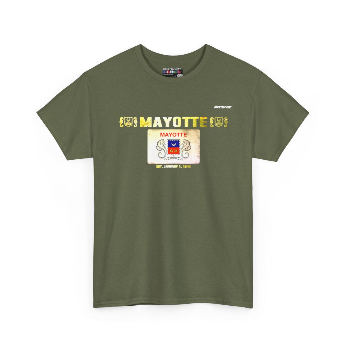 Mayotte flag t-shirt in Military Green — premium cotton, Nordenatt