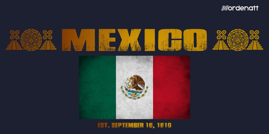 Mexico design preview: flag, date and emblem inspiration printed on dark t-shirts (Nordenatt)