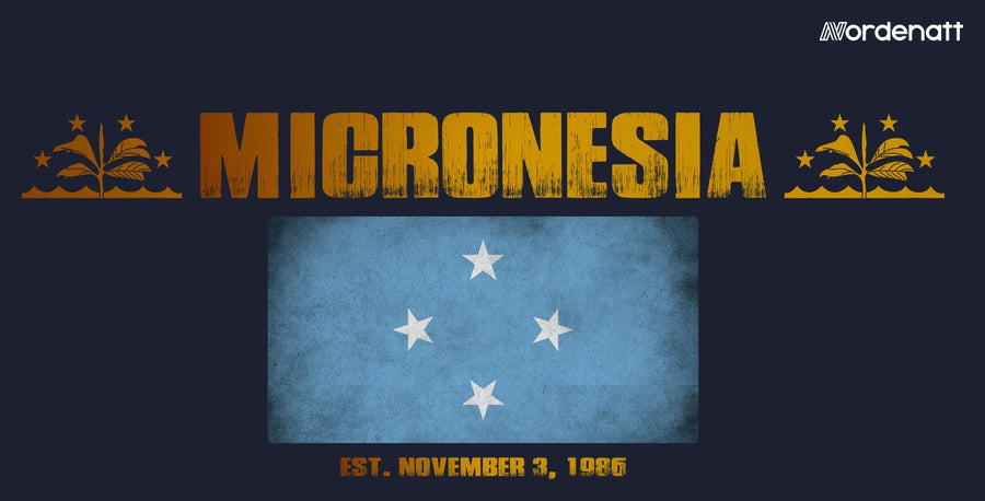 Micronesia design preview: flag, date and emblem inspiration printed on dark t-shirts (Nordenatt)