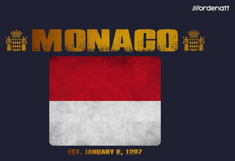 Monaco design preview: flag, date and emblem inspiration printed on dark t-shirts (Nordenatt)