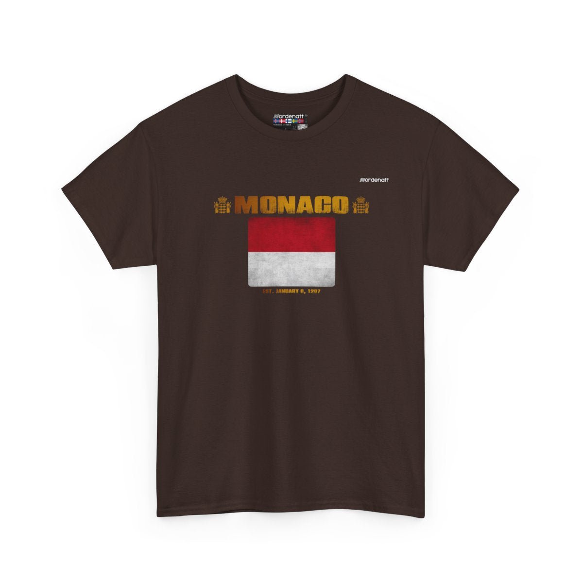 Monaco flag t-shirt in Dark Chocolate — premium cotton, Nordenatt