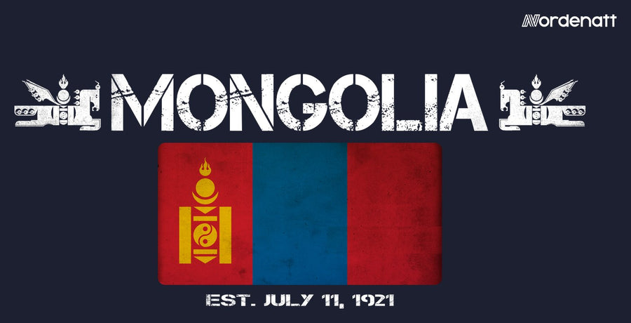 Mongolia design preview: flag, date and emblem inspiration printed on dark t-shirts (Nordenatt)