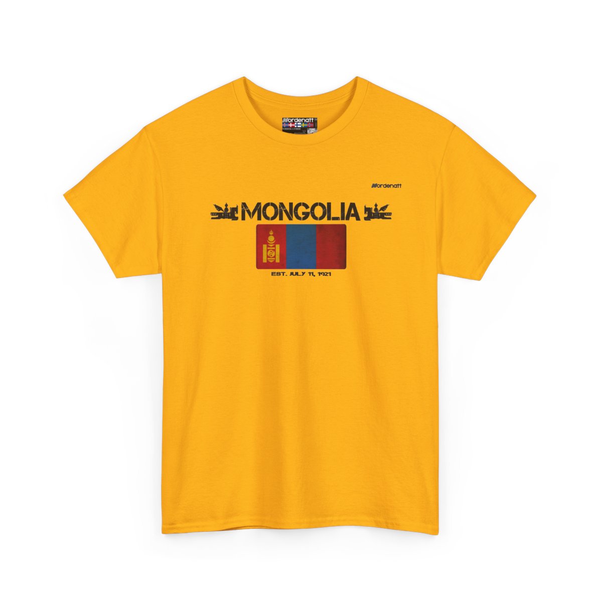 Mongolia flag t-shirt in Gold — premium cotton, Nordenatt