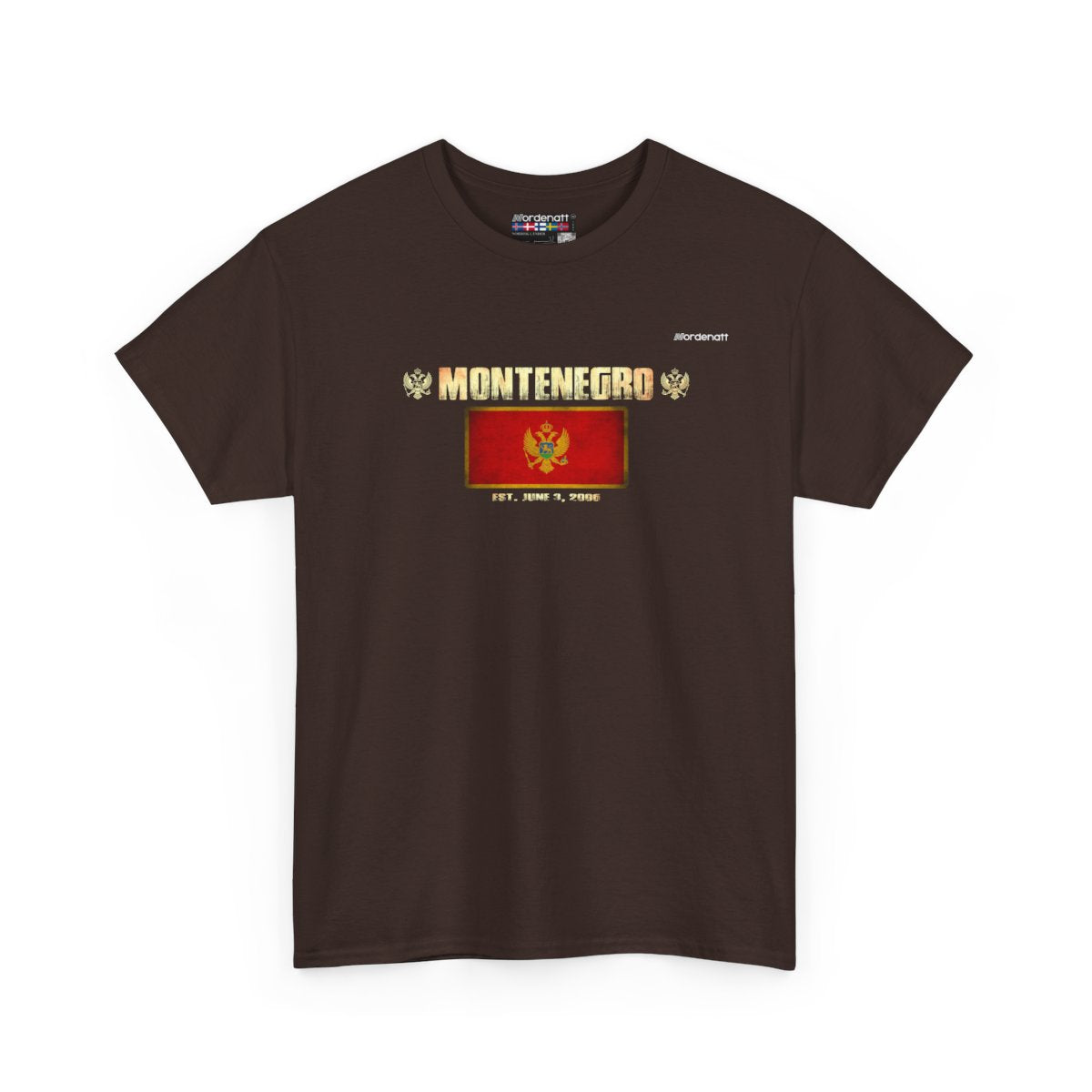 Montenegro flag t-shirt in Dark Chocolate — premium cotton, Nordenatt