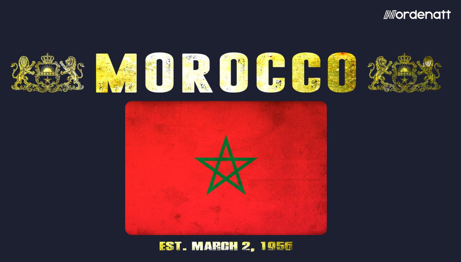 Morocco design preview: flag, date and emblem inspiration printed on dark t-shirts (Nordenatt)