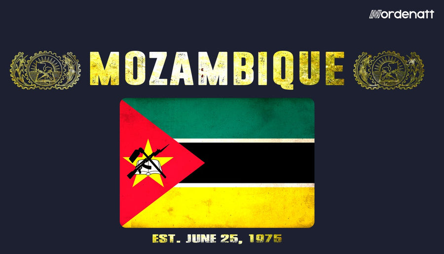 Mozambique design preview: flag, date and emblem inspiration printed on dark t-shirts (Nordenatt)