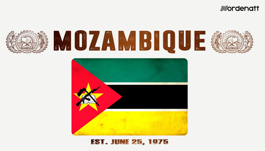 Mozambique design preview: flag, date and emblem inspiration printed on light t-shirts (Nordenatt)