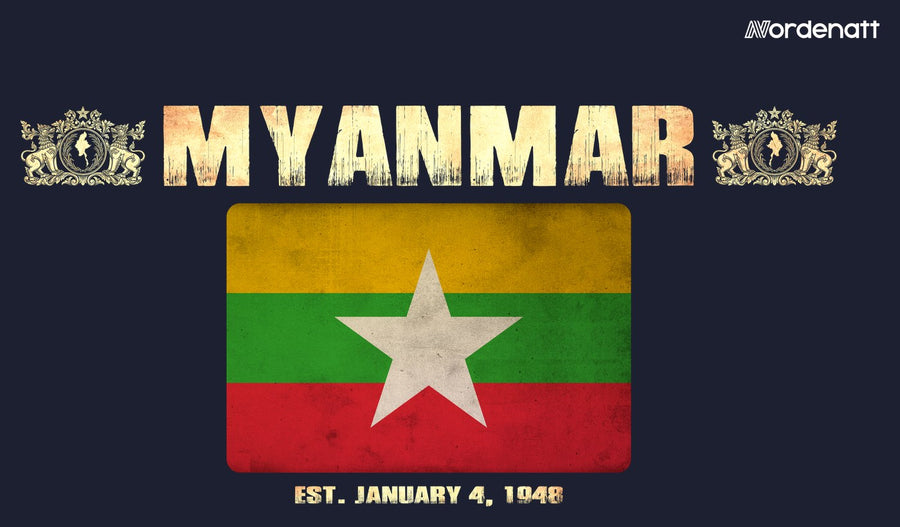 Myanmar design preview: flag, date and emblem inspiration printed on dark t-shirts (Nordenatt)