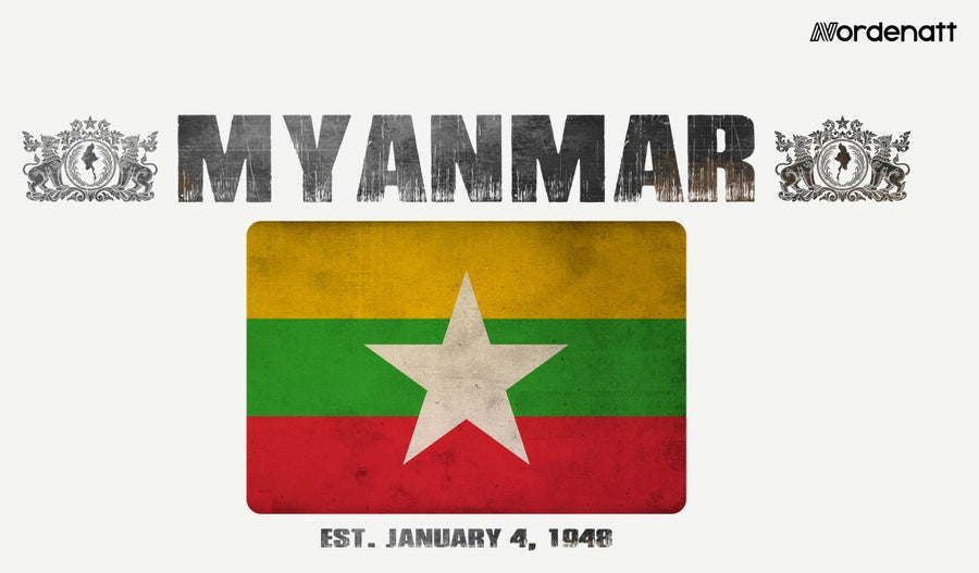Myanmar design preview: flag, date and emblem inspiration printed on light t-shirts (Nordenatt)
