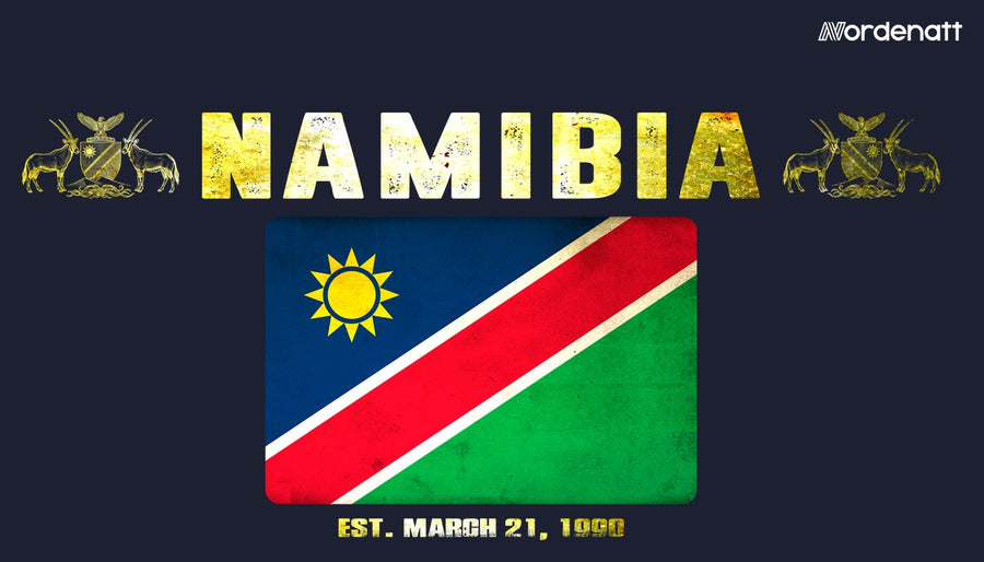 Namibia design preview: flag, date and emblem inspiration printed on dark t-shirts (Nordenatt)