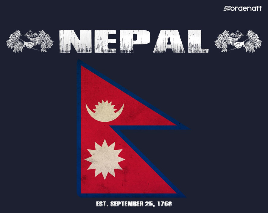 Nepal design preview: flag, date and emblem inspiration printed on dark t-shirts (Nordenatt)