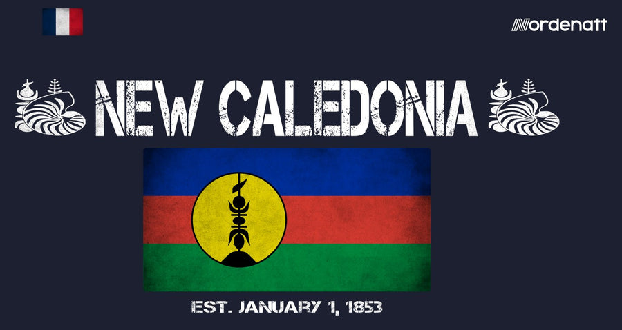 New Caledonia design preview: flag, date and emblem inspiration printed on dark t-shirts (Nordenatt)